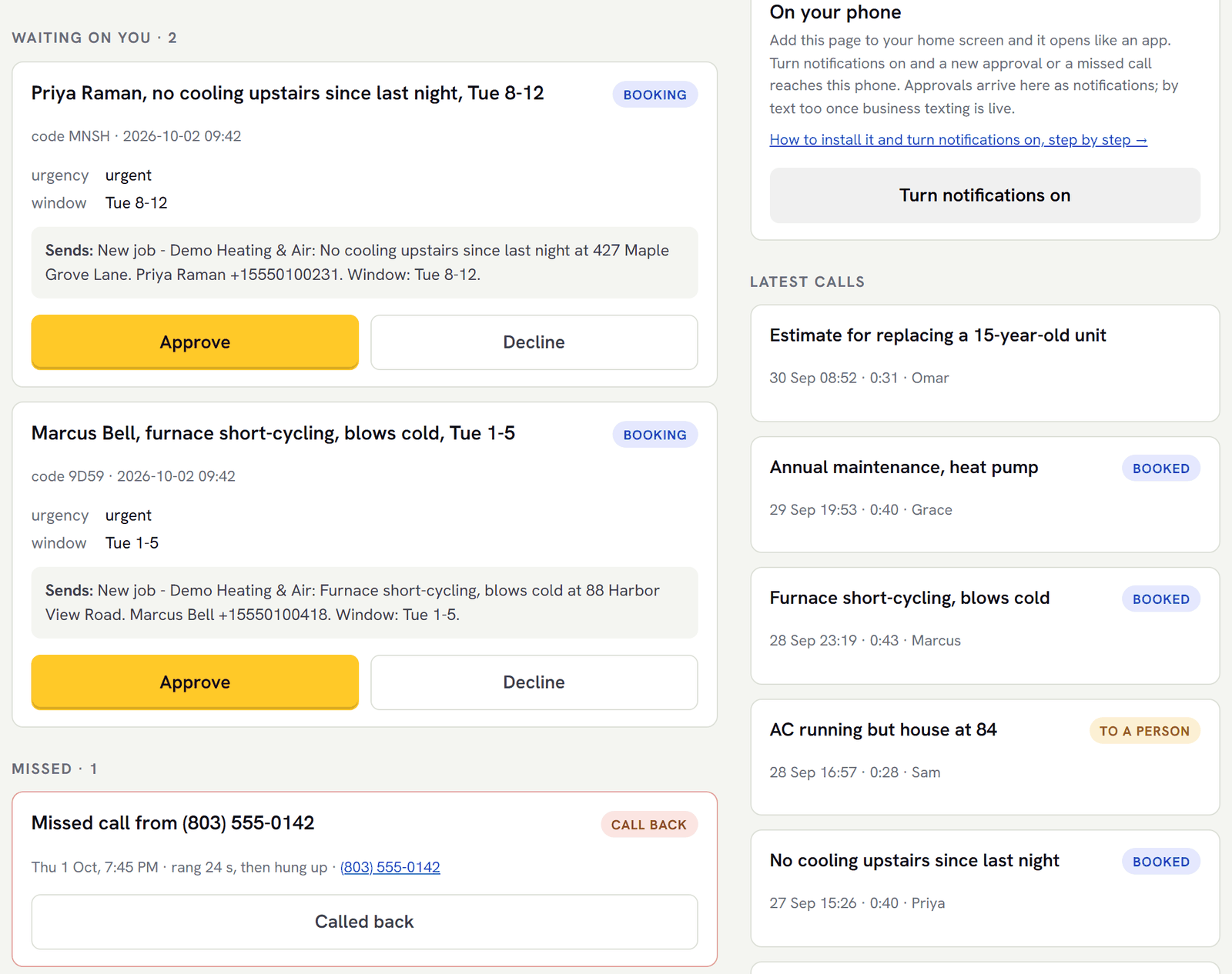 The dashboard home: two bookings waiting on you with Approve and Decline, one missed call to call back, and the latest calls.